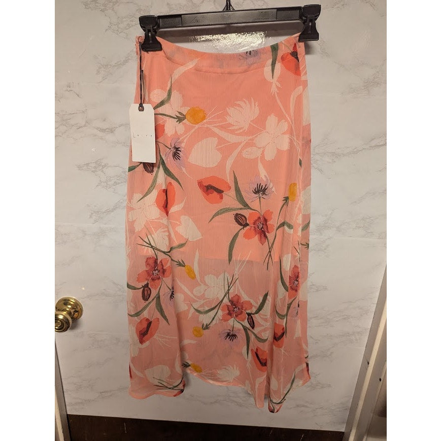 NEW Leith Size XXS midi skirt floral Pink sparkle with faux side buttons summer