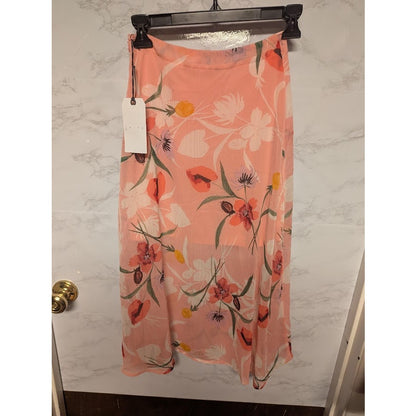 NEW Leith Size XXS midi skirt floral Pink sparkle with faux side buttons summer