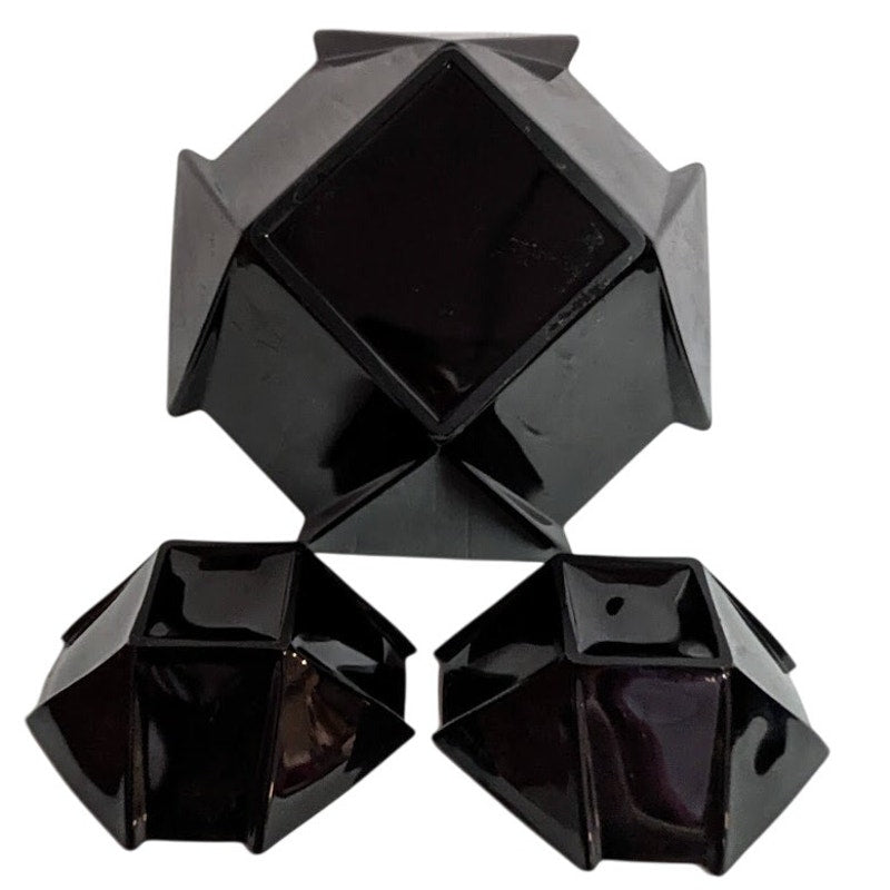 3 pc. Fostoria Black Glass Bowl & Pair Matching Candle holder Geometric Sakier