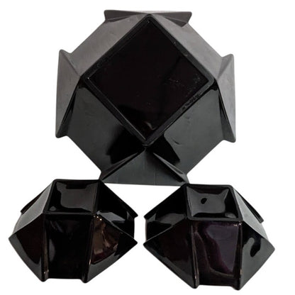 3 pc. Fostoria Black Glass Bowl & Pair Matching Candle holder Geometric Sakier