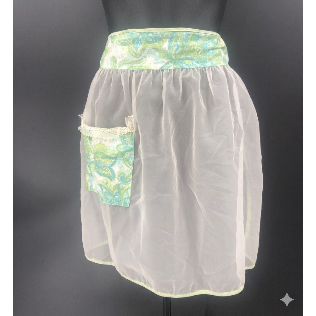 Vintage Women's Sheer 1950s Kitchen Apron Tie Waist Front Pocket Cream One Size