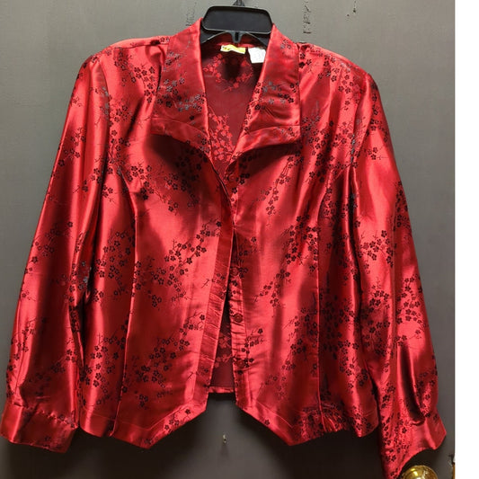 Red long sleeve shirt vINTAGE Asian satin finish brocade collared button Size 16