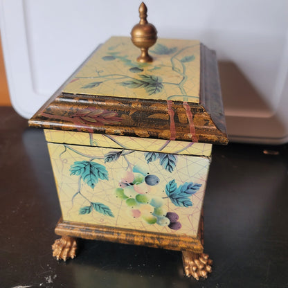 Yellow box footed Floral Chest Organizer Jewelry WhatNots Stash Finial Top