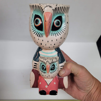 folk art owl statue lightweight two in One fledgling Parent wood painted UNIQUE