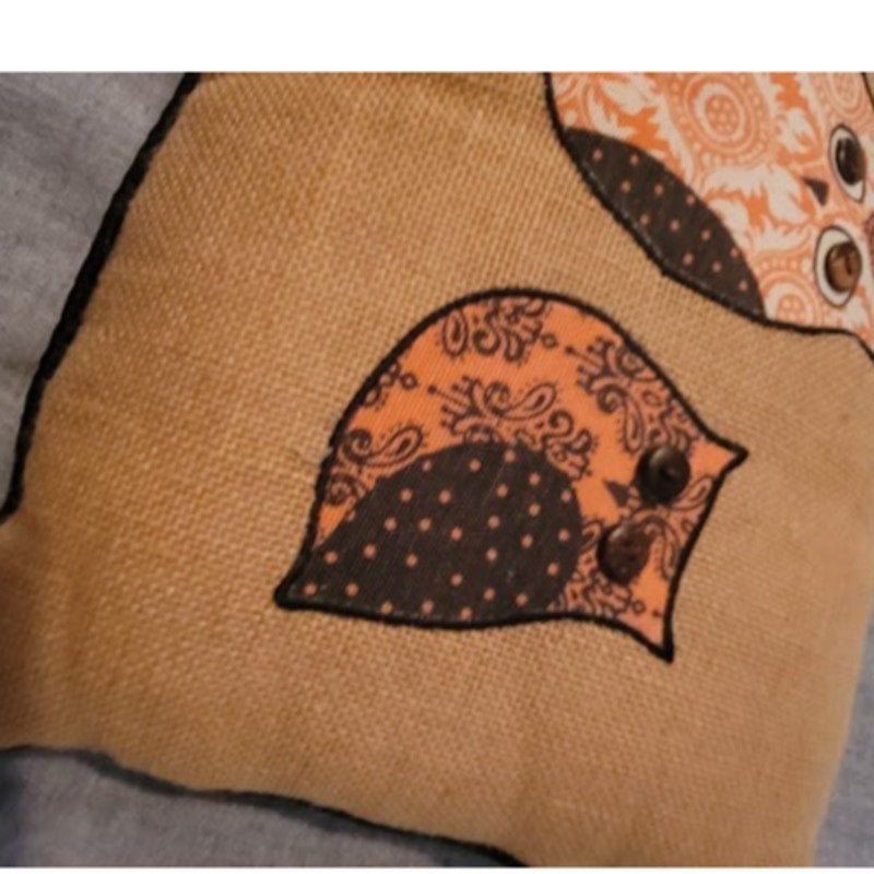 Vintage Folk Art Burlap Owl Pillow Embroidered Boho Rustic Accent Cushion