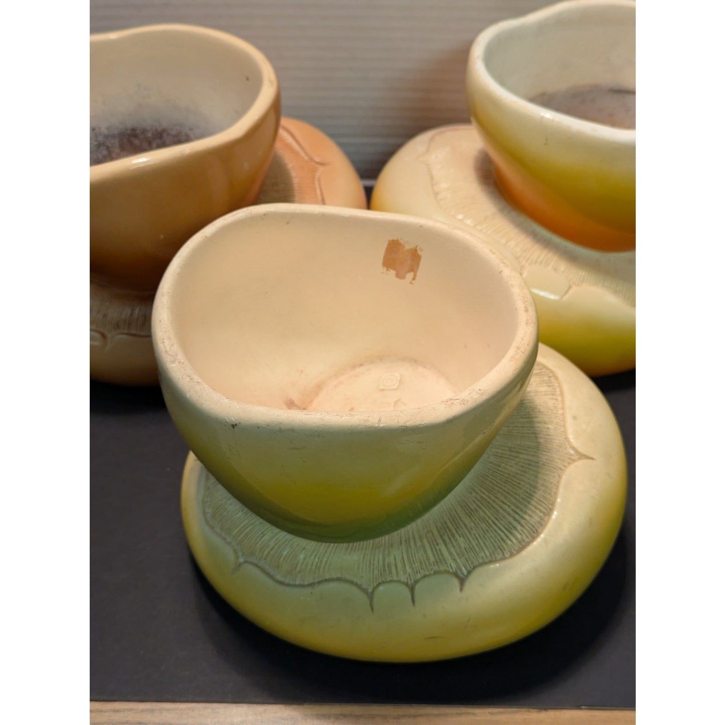 3 Mushroom planters bowls VINTAGE C.A.P. 1977 Brown Green Orange