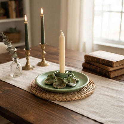 Art Pottery studio signed Elaine candle holder Green Leaf Design Natural