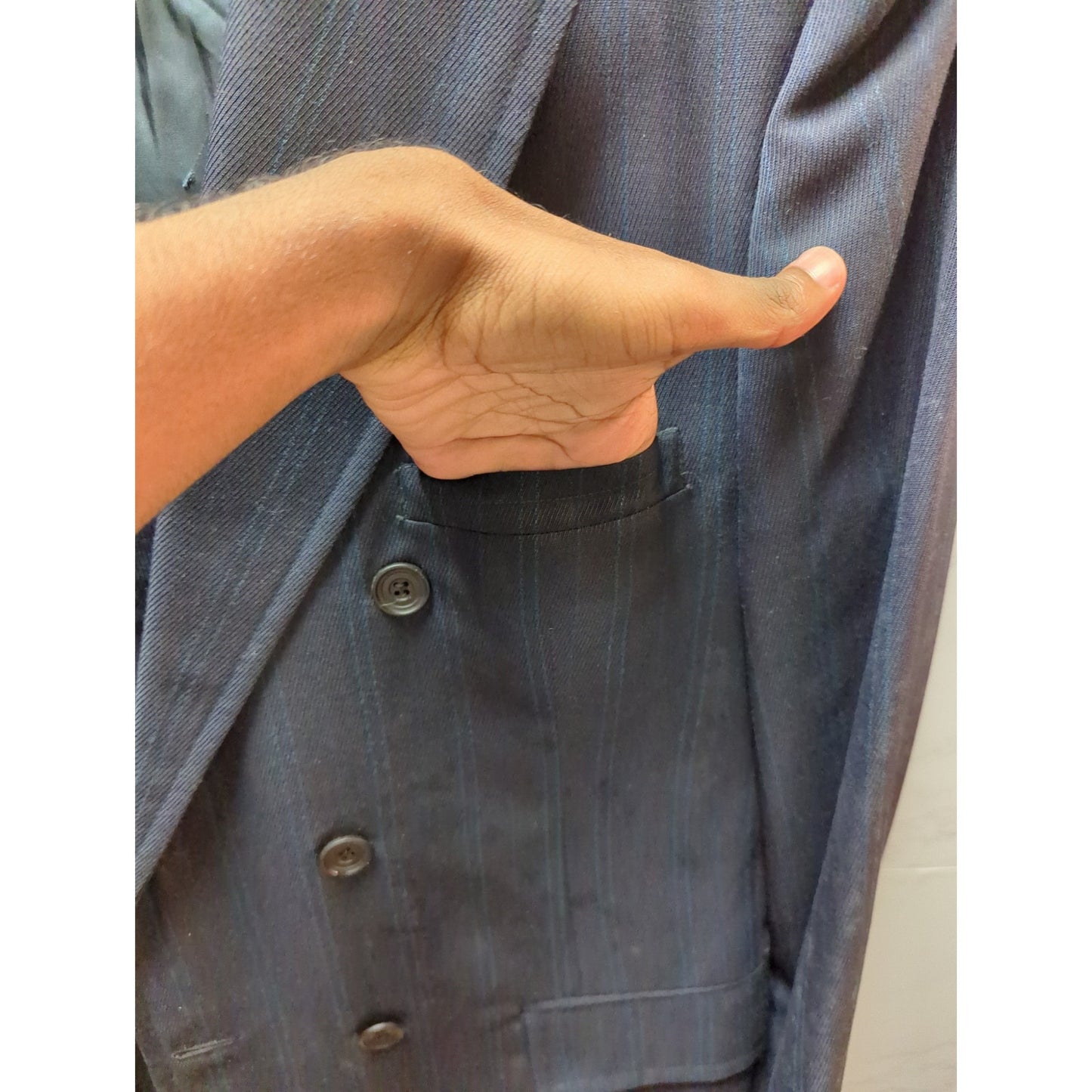 Vintage Brent Men Pinstripe Suit Blazer Jacket Dark Navy 39-28L Classic Business