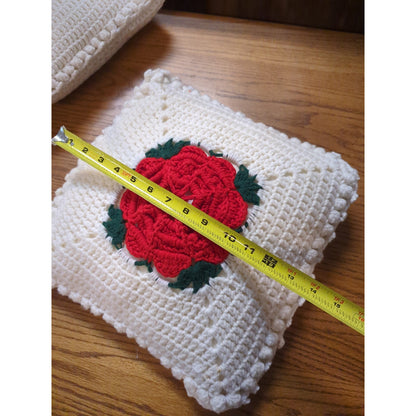 Handmde 96" x 116" King Rose 3D Blanket w/3 pillows white red green Afghan