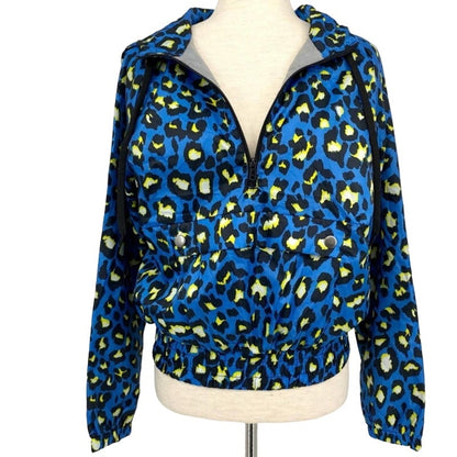 Say What?  Blue Yellow Leopard Jacket windbreaker Small Travel Packable NEW