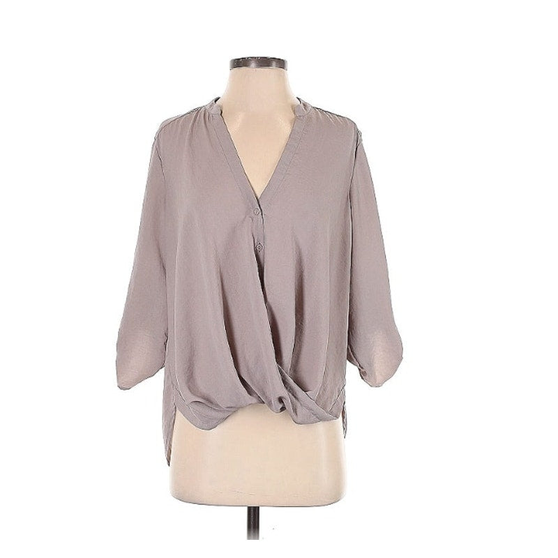 NEW Lush Faux Wrap Blouse Sheer Roll Tab Sleeve V-Neck Round Hem Size XS top
