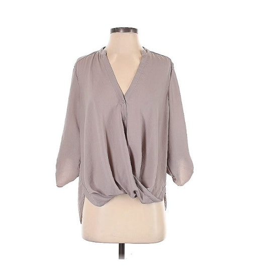 NEW Lush Faux Wrap Blouse Sheer Roll Tab Sleeve V-Neck Round Hem Size XS top