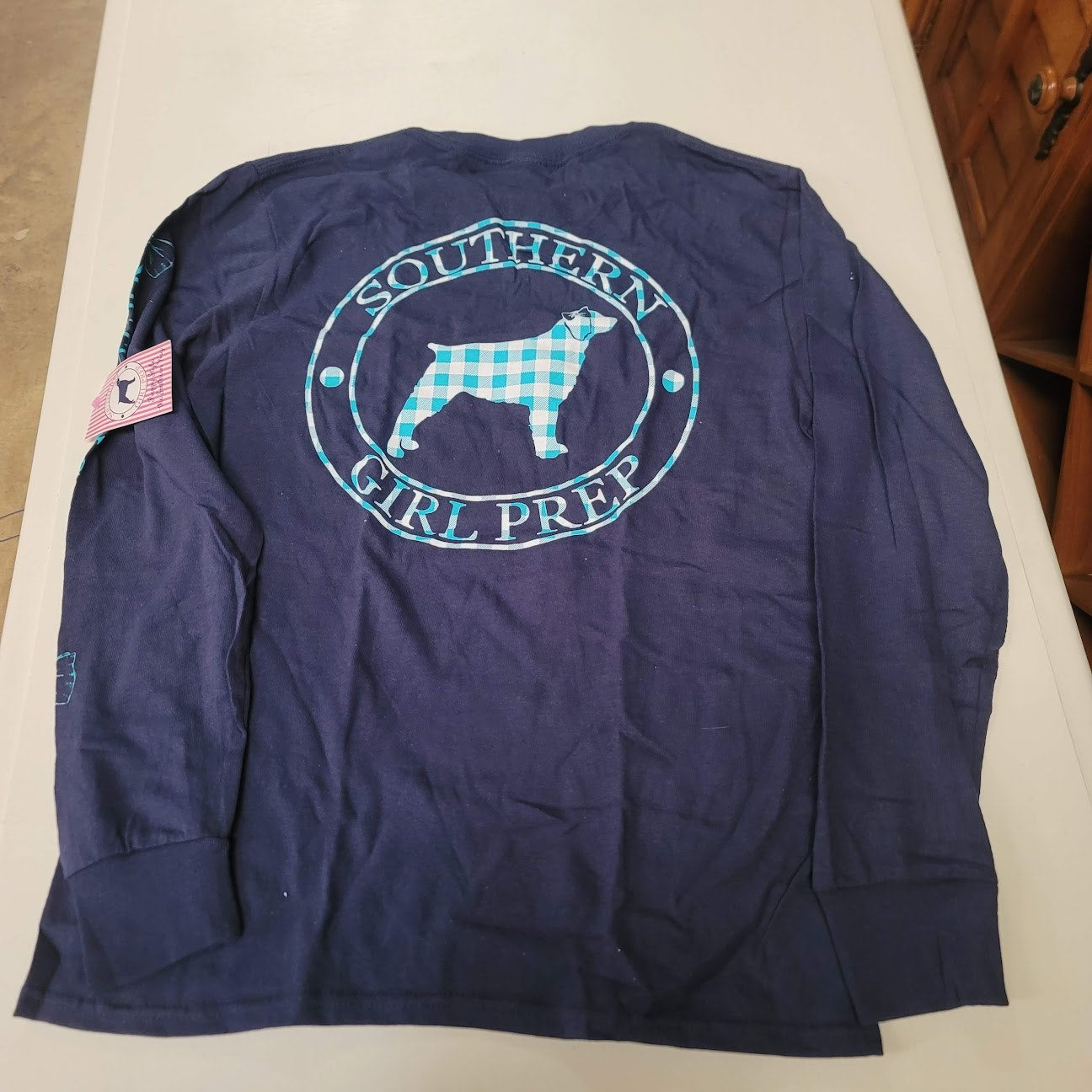 Southern Girl Prep NEW Long Sleeve T-Shirt Cotton YOUTH DARK BLUE plaid dog MED