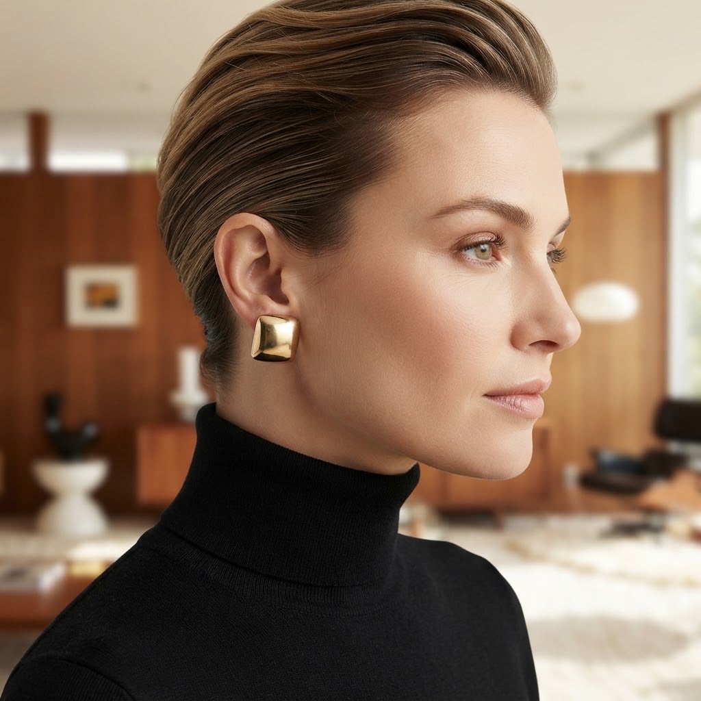 Vintage Mid-Century Gold-Tone Square Clip-On Earrings Chunky Minimalist