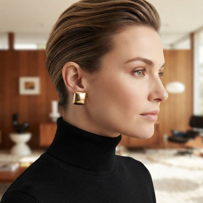 Vintage Mid-Century Gold-Tone Square Clip-On Earrings Chunky Minimalist
