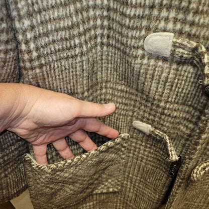 Brown Cream Vintage Plaid reversible duffle Hooded Toggle Coat Medium/Large Wool