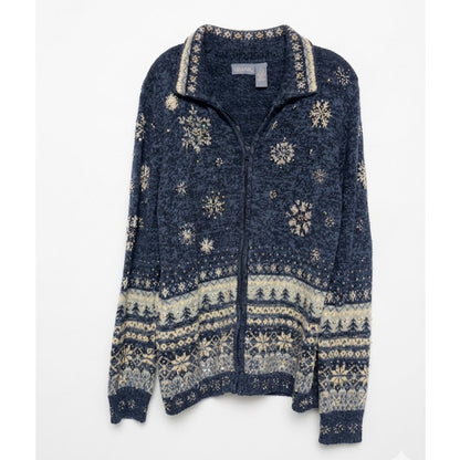 Liz & Me Blue Fair Isle Snowflake Beaded Zip-Front Cardigan Sweater 0X Plus
