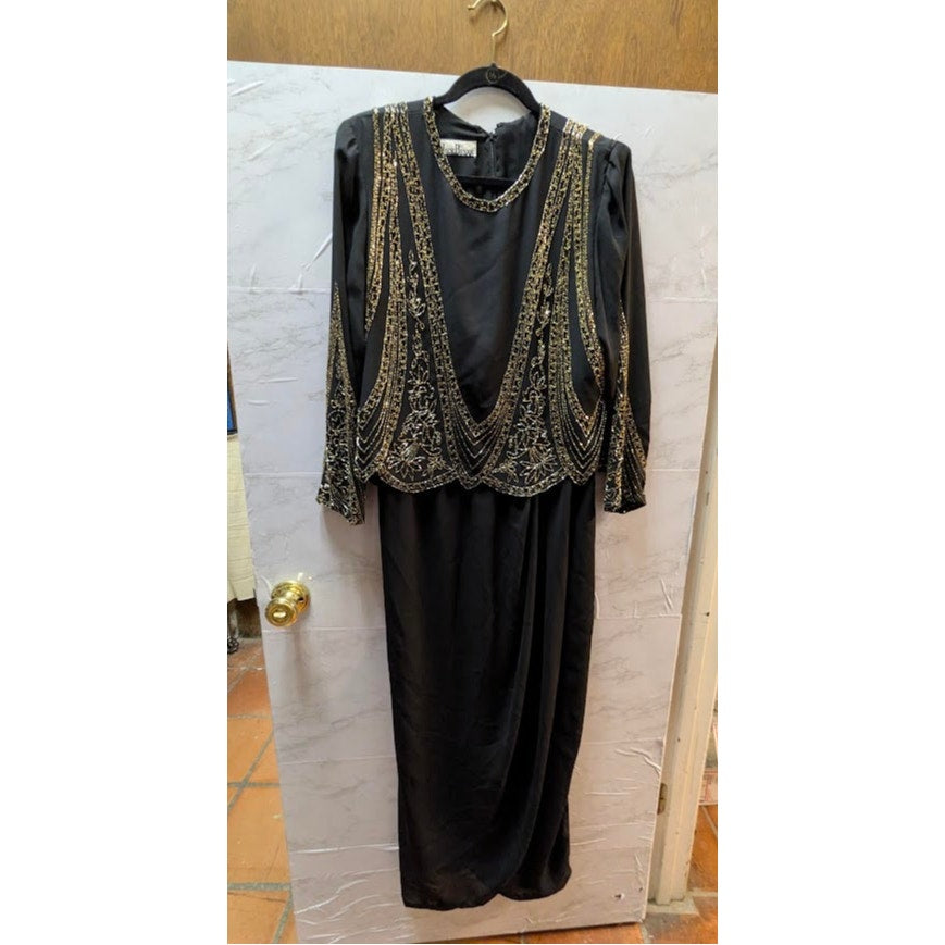 Jack Bryan Vintage Black Silk Beaded Sequin Formal Gown XL 80s Glam Luxe