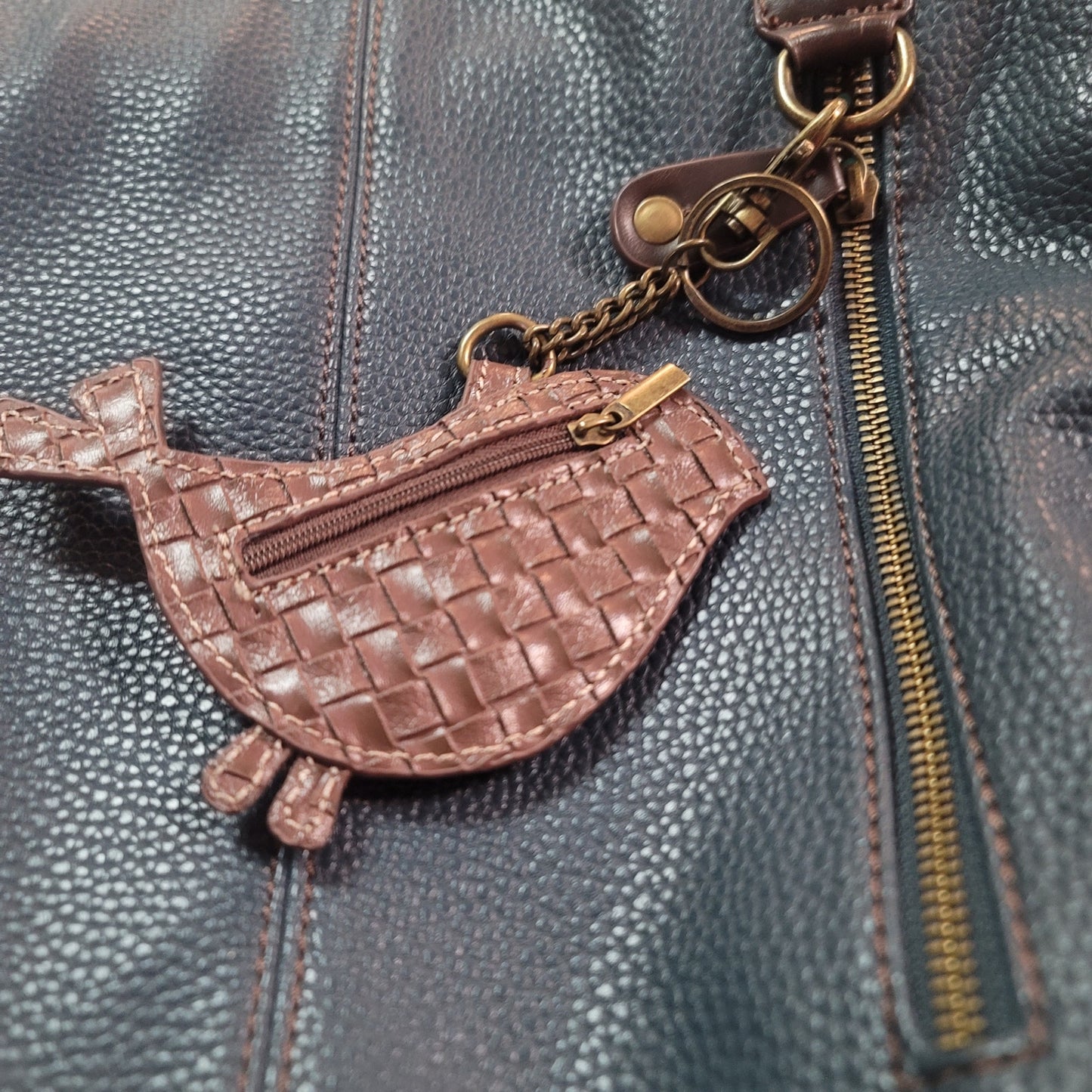 New Boho Whipstitch Chala Crossbody Bag Blue Vegan Leather Bird Charm Messenger