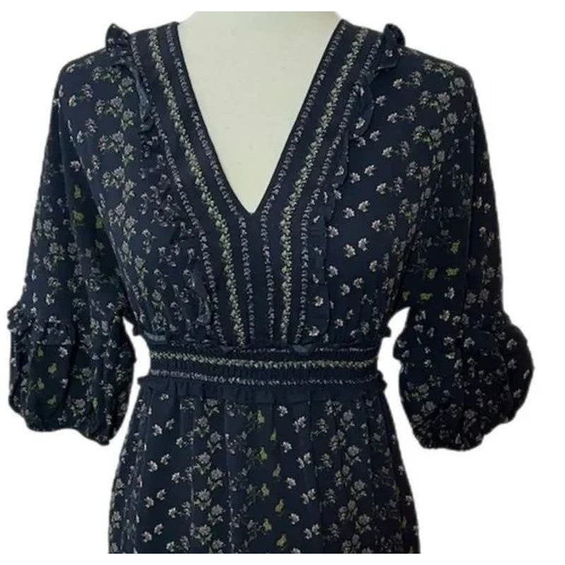 Max Studio Cottage Liberty Tiered Ruffle Midi Dress Sz Large in Blue Floral NWT