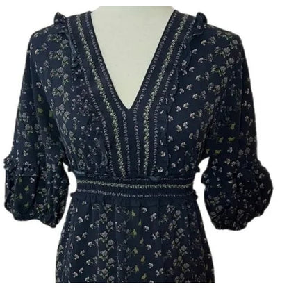 Max Studio Cottage Liberty Tiered Ruffle Midi Dress Sz Large in Blue Floral NWT