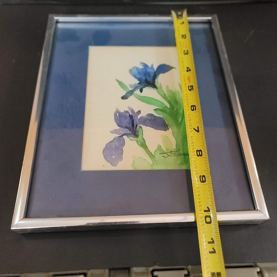 Handpainted Watercolor Blue Iris Matted Framed Under Glass Signed Evans 10 x 8