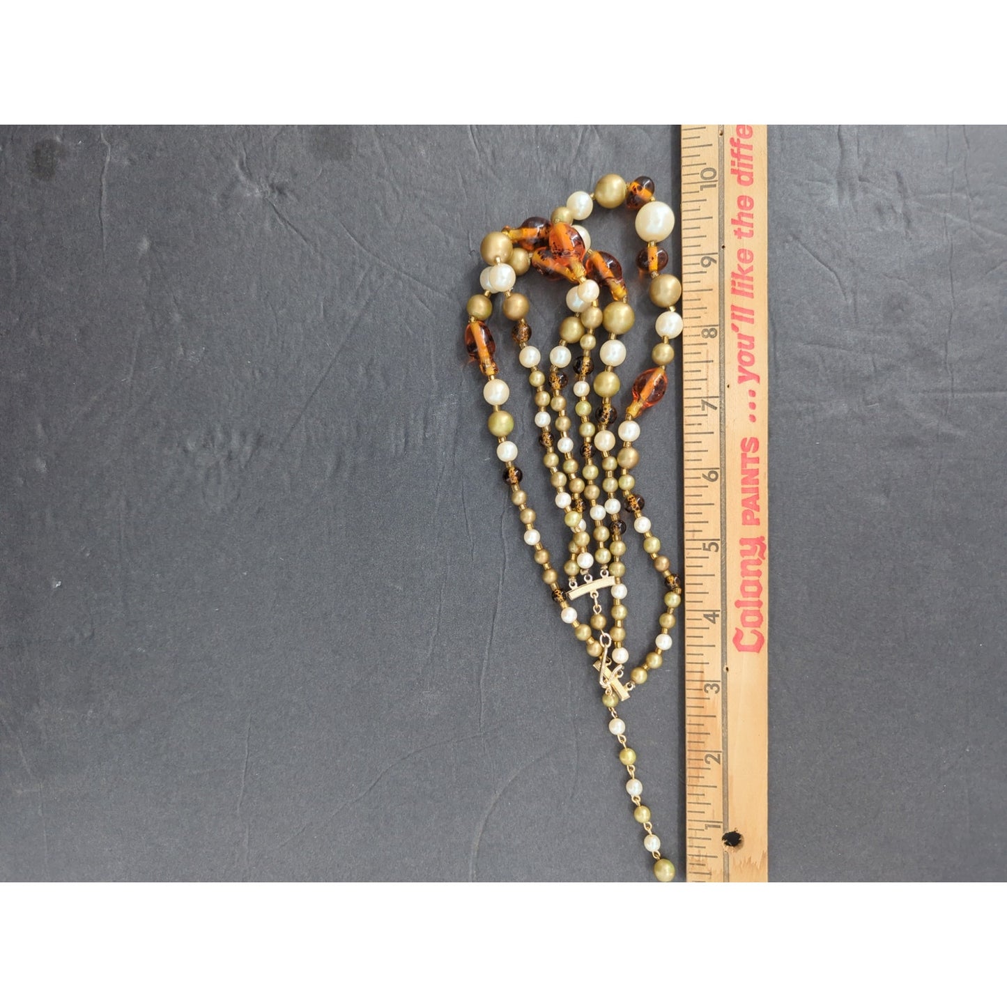 Vintage Multi Strand Amber & Pearl Bead Necklace Mid-Century Statement Jewelry
