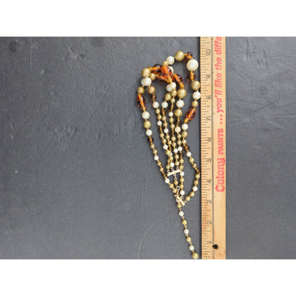 Vintage Multi Strand Amber & Pearl Bead Necklace Mid-Century Statement Jewelry