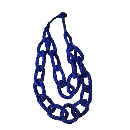 Handmade Double 9" interlocking Blue glass Beads Chain Funky Statement  Necklace
