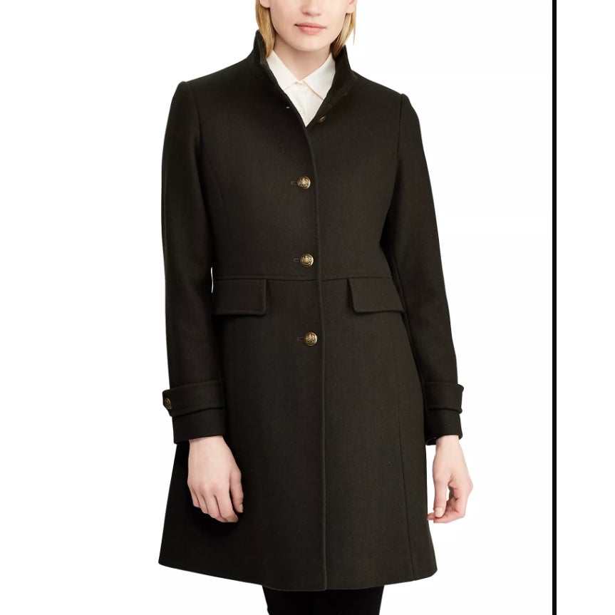 Lauren Ralph Lauren Stand Collar Wool Blend Military Coat Jacket Moss Green 10