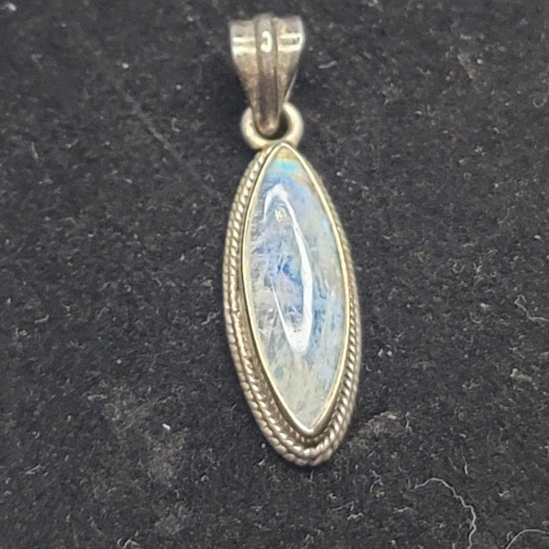 Marquise-cut Rainbow Moonstone Labradorite Sterling Silver Pendant