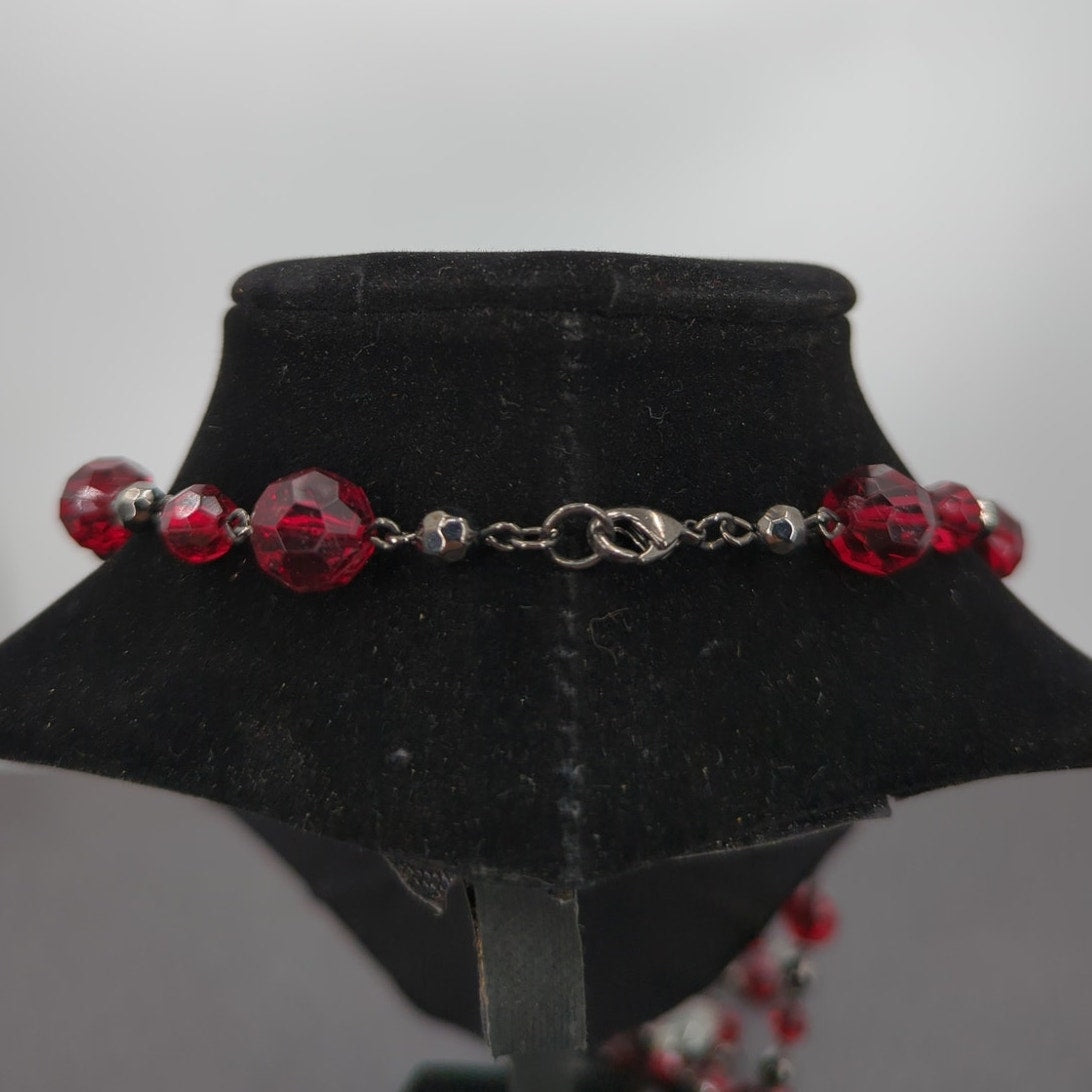 Vintage Fashion Necklace Triple-Strand Ruby Red Faceted Glass & Filigree 30"