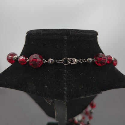 Vintage Fashion Necklace Triple-Strand Ruby Red Faceted Glass & Filigree 30"