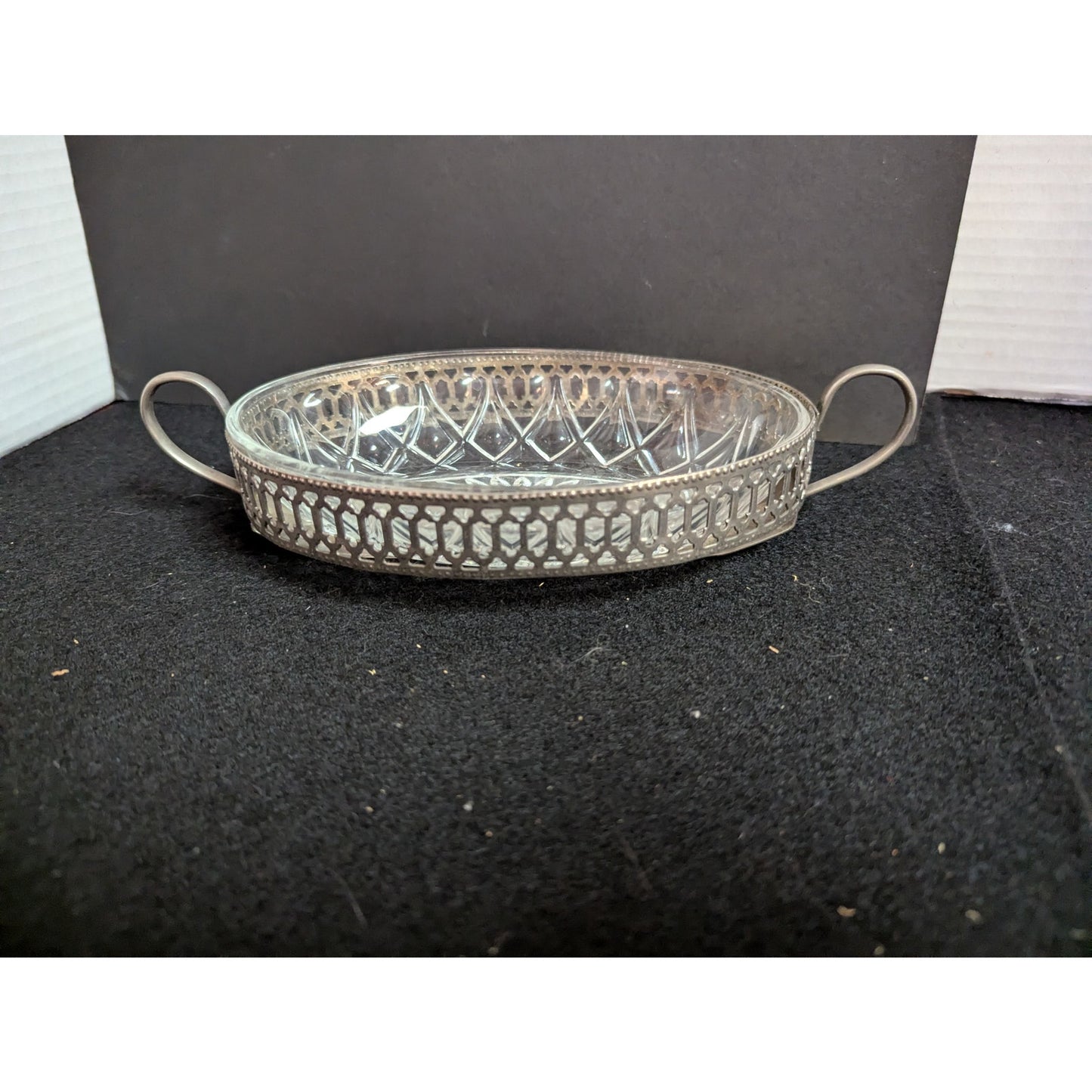 Vintage Cut Glass & Pierced Silverplate Relish Dish Set