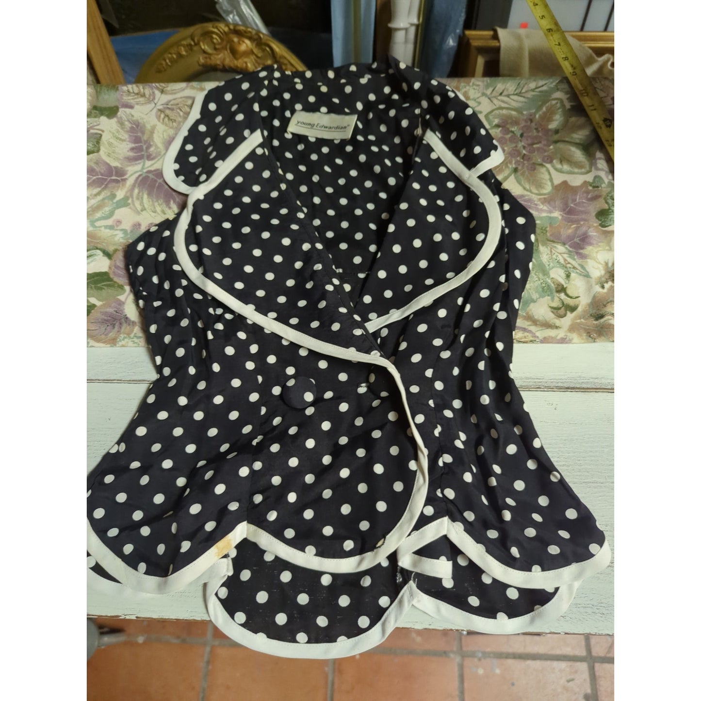 Young Edwardian Vintage Polka Dot Scalloped Vest Blouse XS Black White Coquette