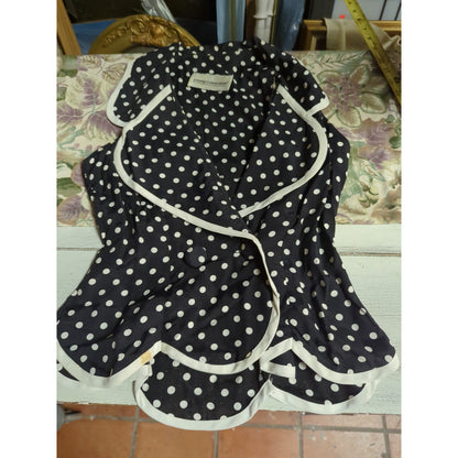 Young Edwardian Vintage Polka Dot Scalloped Vest Blouse XS Black White Coquette
