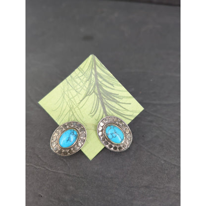 Vintage Turquoise Faux Stone Silver Tone Drop Earrings Boho Cowgirl Western
