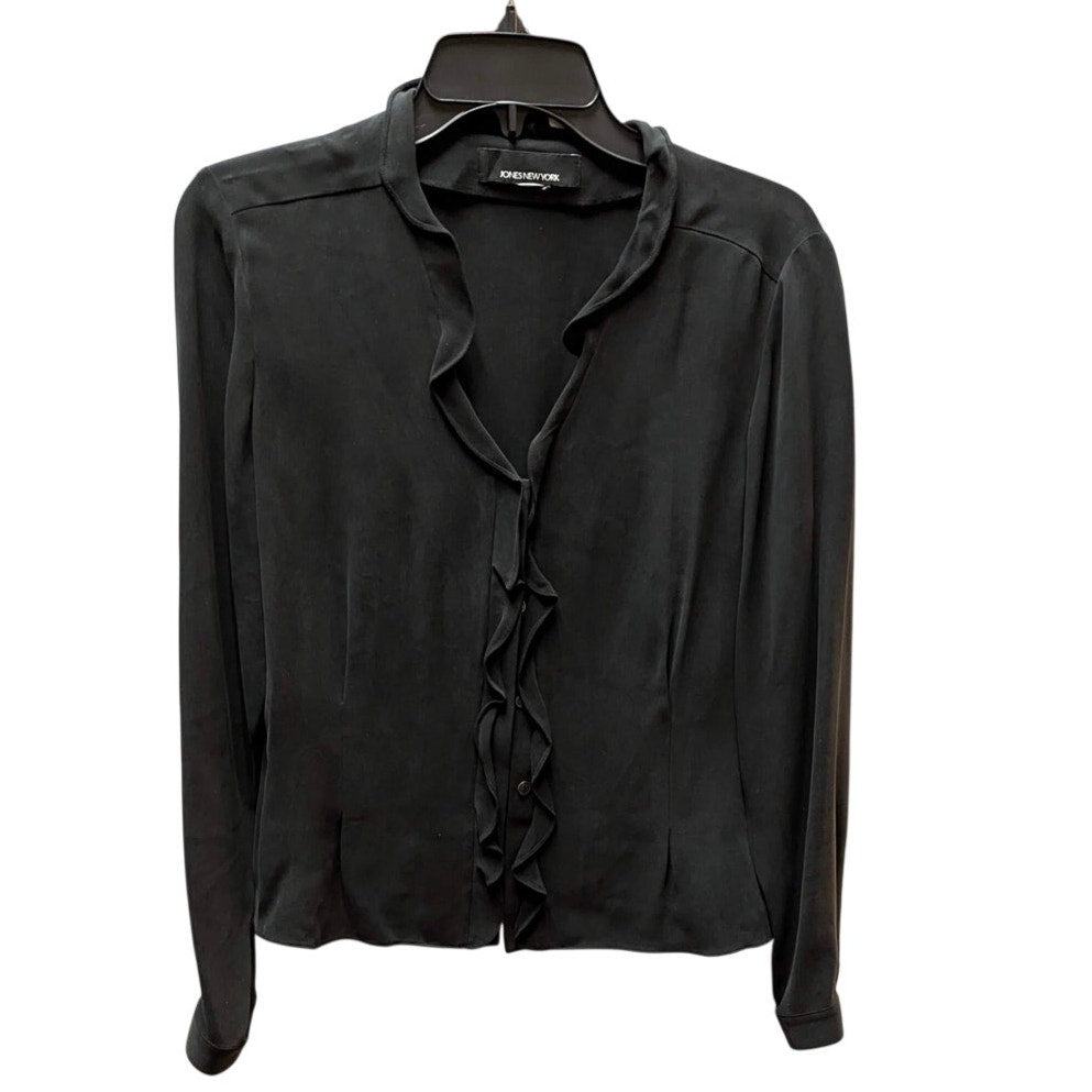 Jones New York Ruffle Trim Silk Blouse Womens Small Black Button Up Long Sleeve
