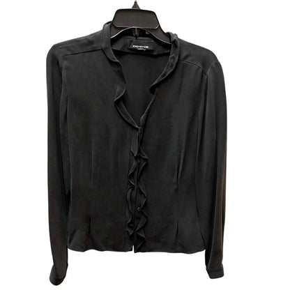 Jones New York Ruffle Trim Silk Blouse Womens Small Black Button Up Long Sleeve