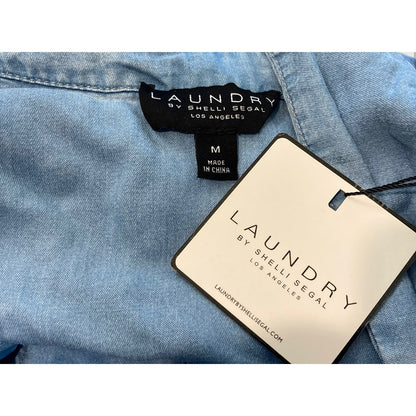 NWT Laundry by Shelli Segal Denim Button Puff Sleeve Blouse in Blue Sz Medium