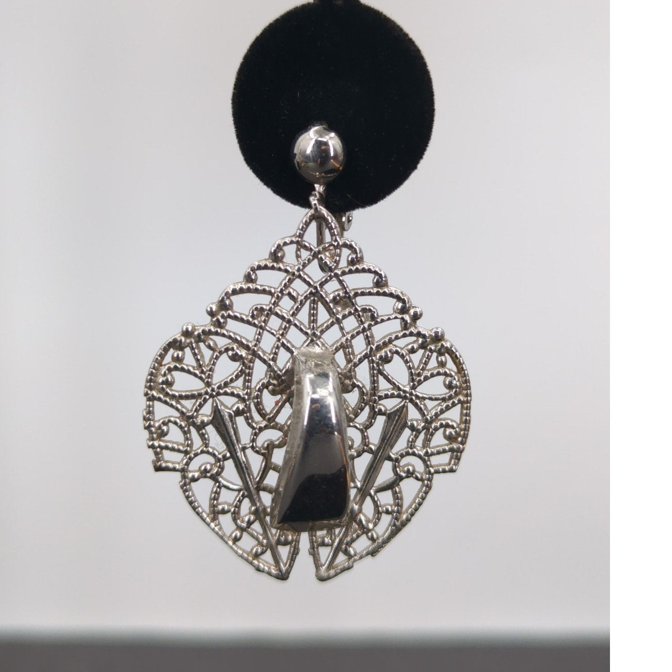 Whimsigoth Silver Filigree Shield Drop Clip On Earrings Coquette Vintage