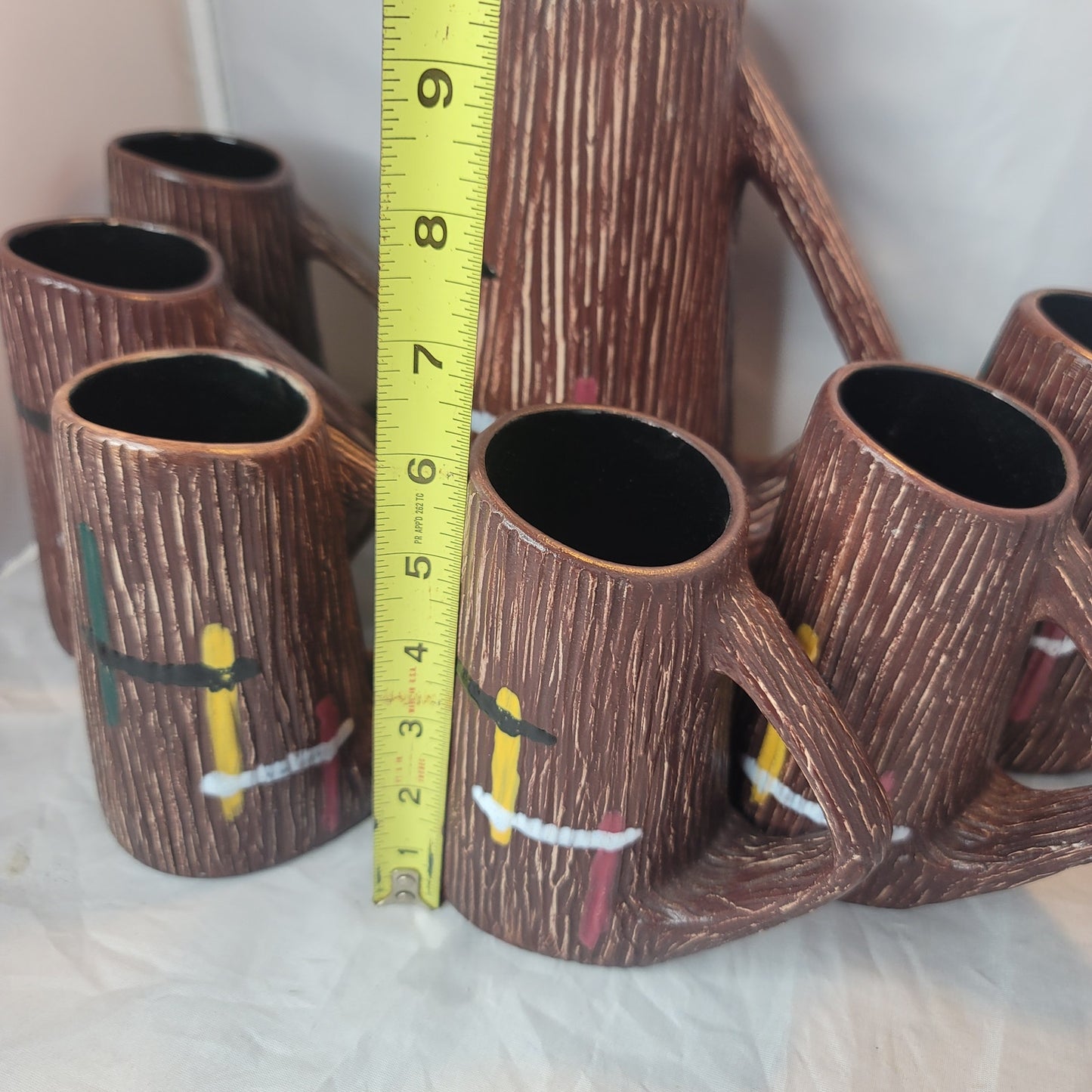 MCM textured pitcher and serving mugs cups Textured bark Brown Orange White SET