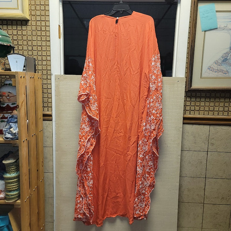 Cruise wear Orange Chiffon Embroidered Kaftan Maxi Dress One Size Boho Resort