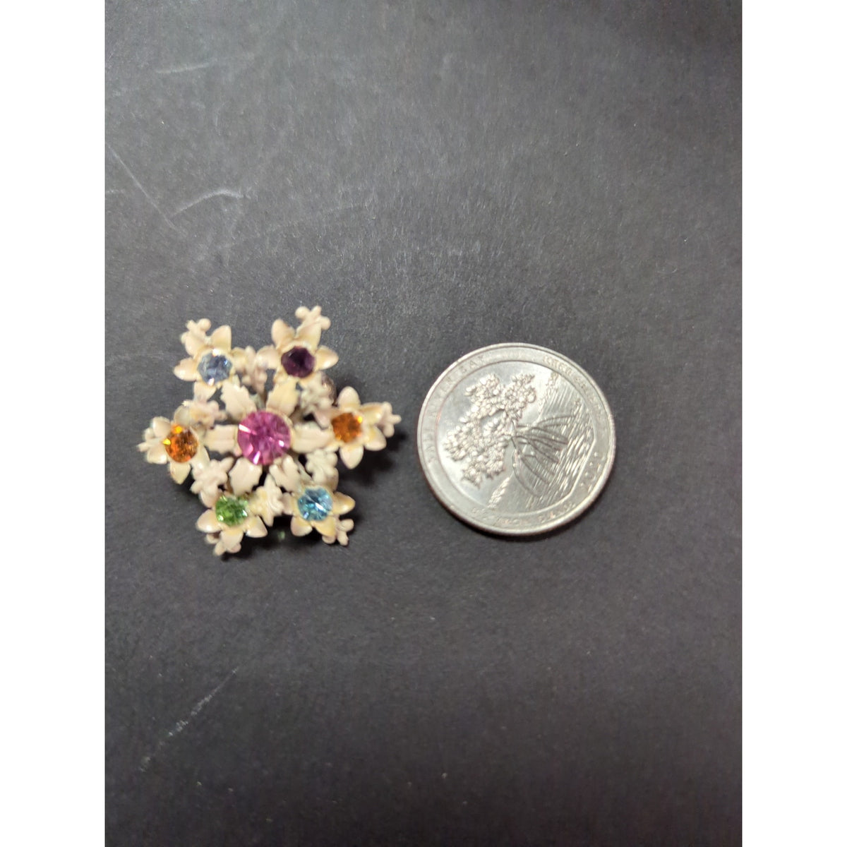 Vintage White Metal Snowflake Rainbow Gems Brooch Pin Starburst Rhinestone