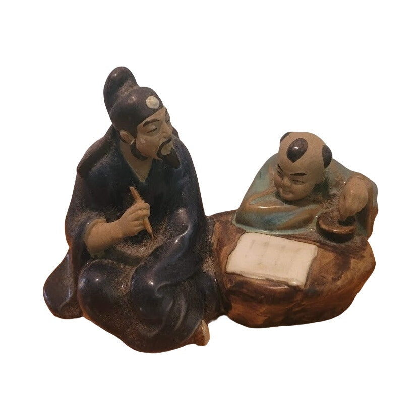 Vintage Shiwan Mudmen Chinese Figurine Teacher & Student 4" Statue Calligraphy