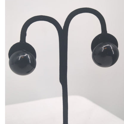 Vintage Black Domed Button Post Earrings Retro Glossy Minimalist