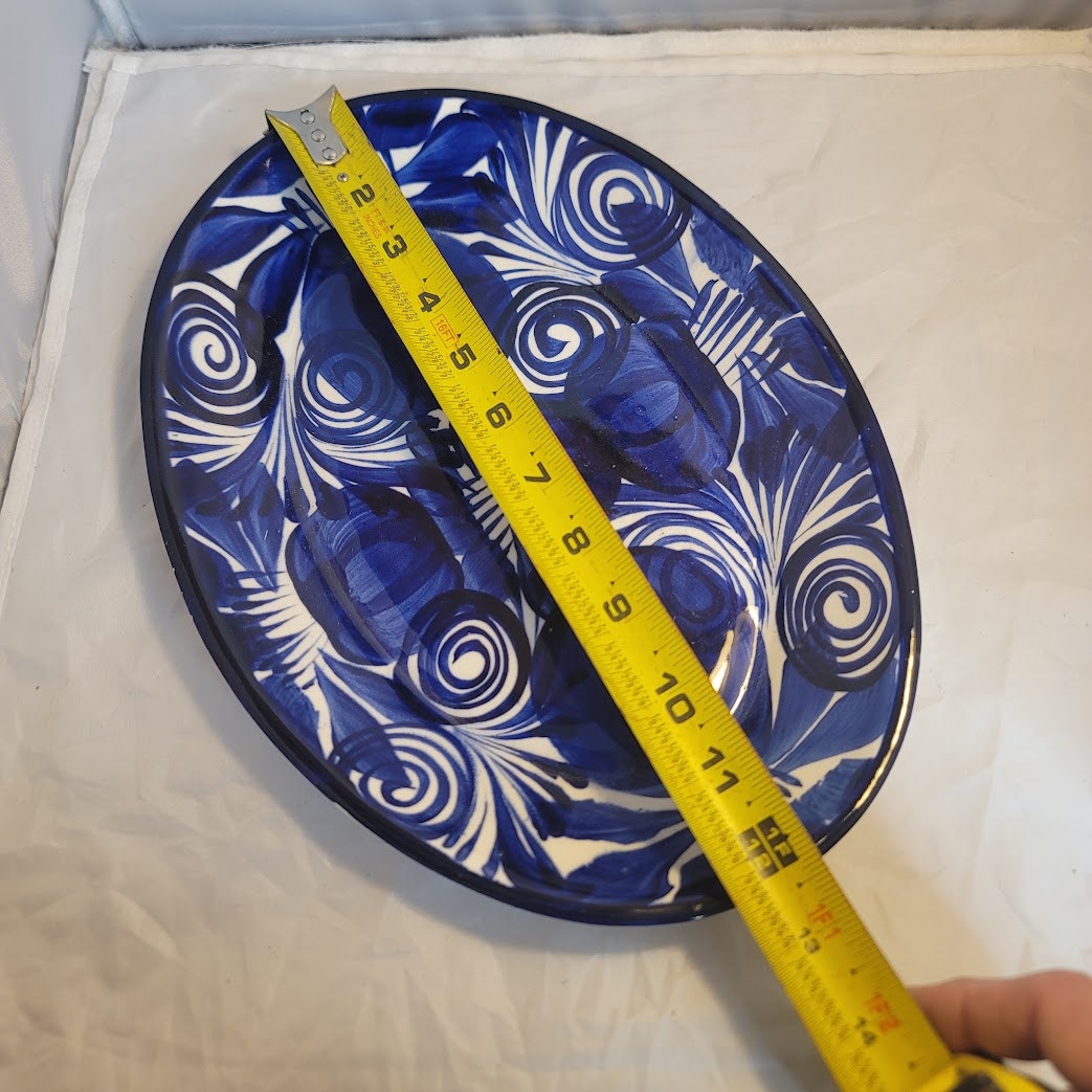 Handmade Hand painted Talavera Serving Platter Plate Blue White Oval 12" x 9"