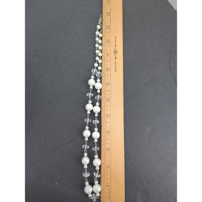 Vtg. Faux Pearl Facett Bead Necklace Earrings Set SilverTone Bridal Wedding Glam