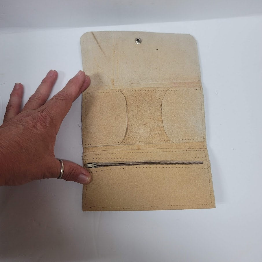 Hand tooled Suede leather wallet trifold Brown BOHO Chic Mexican Artisan warrior