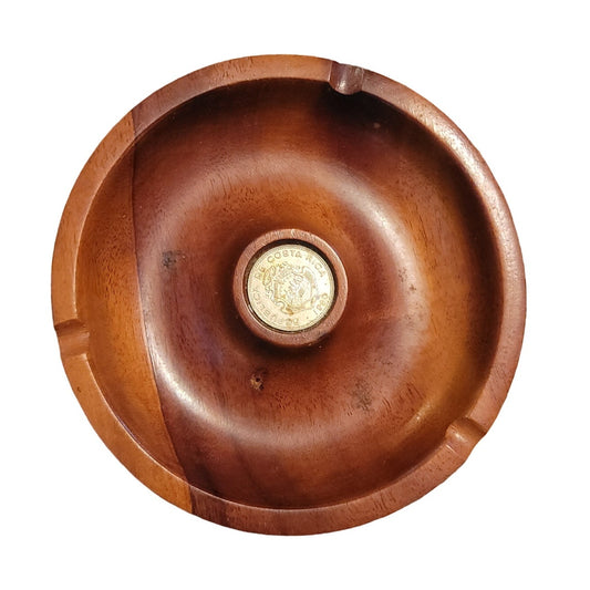 Costa Rica Wood Ashtray vintage with 1980 silver coin 5" wide